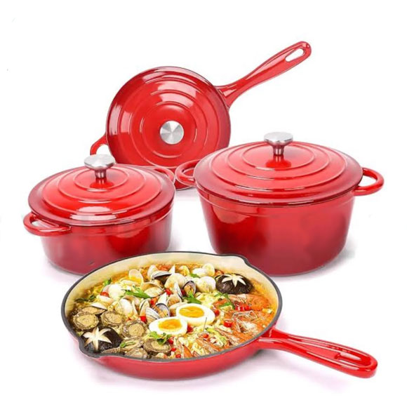 7pcs Cast Iron Enamel Cookware Set - Red