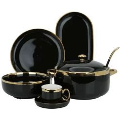 Asthetic Black Dinner Set Golden Rim 6 Person Serving 51 Piece