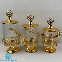 Golden Glass Jars Set with Metal Lid and Stand