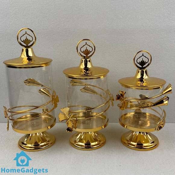 Golden Glass Jars Set with Metal Lid and Stand 1 Golden Glass Jars Set with Metal Lid and Stand