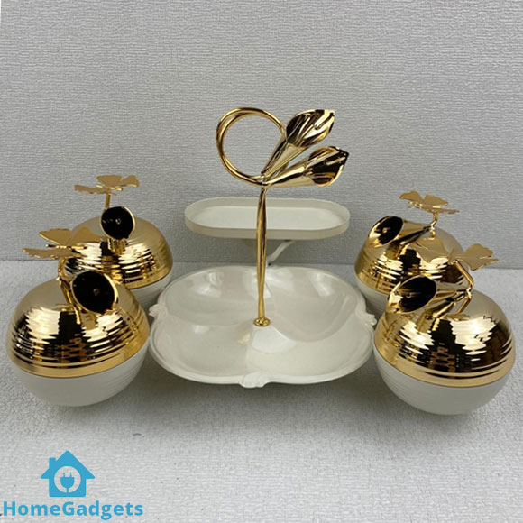 Golden Metal Candy Jar Canisters Set of 4 with Stand 1 Golden Metal Candy Jar Canisters Set of 4 with Stand