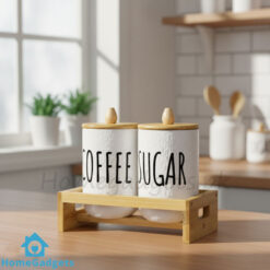 2 Piece Airtight Coffee and Sugar Ceramic Jar Set with Bamboo Rack