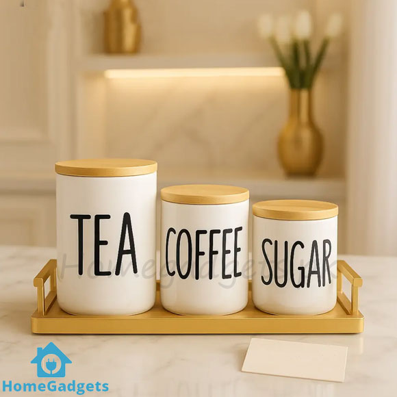 Ceramic Tea Sugar Coffe Jars Set with Tray 1 Ceramic Tea Sugar Coffe Jars Set with Tray