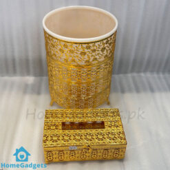 Golden Tissue Box and Dustbin Set in Pakistan