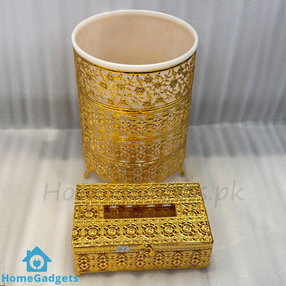 Golden Tissue Box and Dustbin Set in Pakistan 1 Golden Tissue Box and Dustbin Set in Pakistan