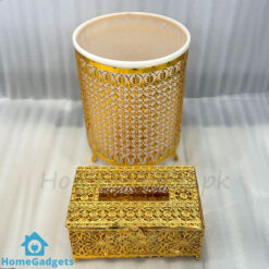 Golden Tissue Box and Dustbin Set in Pakistan