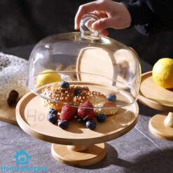 Natural Wooden Cake Stand With Glass Lid