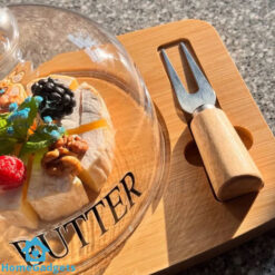 Wooden Butter Dish with Glass Lid 2 Knives