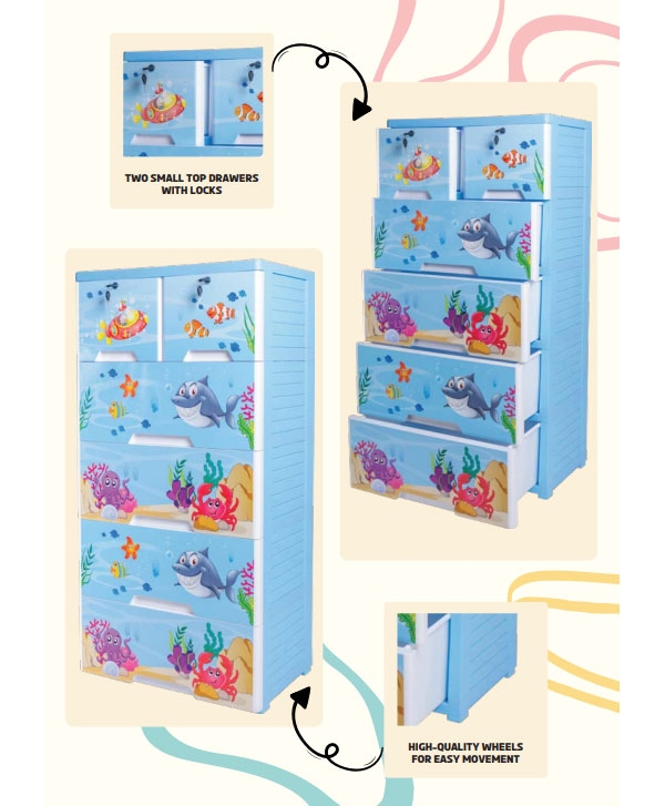 Kideez Ocean Fish Print Drawer 4+2 - Kids Plastic Storage Cabinet