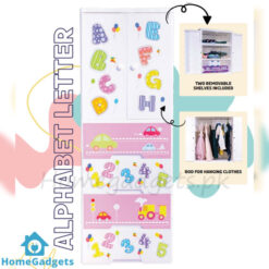 Kideez Plastic Hanging Wardrobe Jumbo – 3 Layers 5 Drawers Alphabets Print