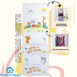 Kideez Plastic Hanging Wardrobe Jumbo – 3 Layers 5 Drawers Animal Safari