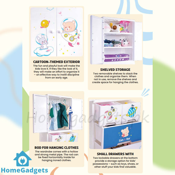 Kideez Plastic Hanging Wardrobe – 3 Layers 4 Drawers Bear Print