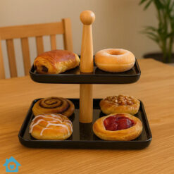 2 Tier Serving Tray with Wooden Stand - Black