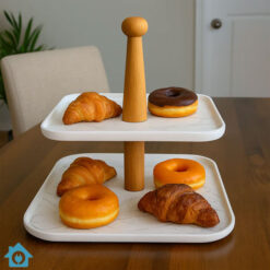 2 Tier Serving Tray with Wooden Stand - White