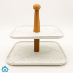 2 Tier Serving Tray with Wooden Stand - White