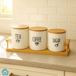Ceramic Tea Coffee Sugar Jars Set with Tray