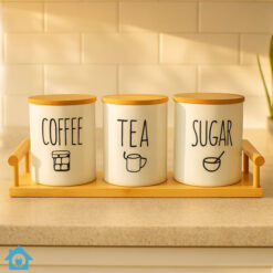 Ceramic Tea Coffee Sugar Jars Set with Tray