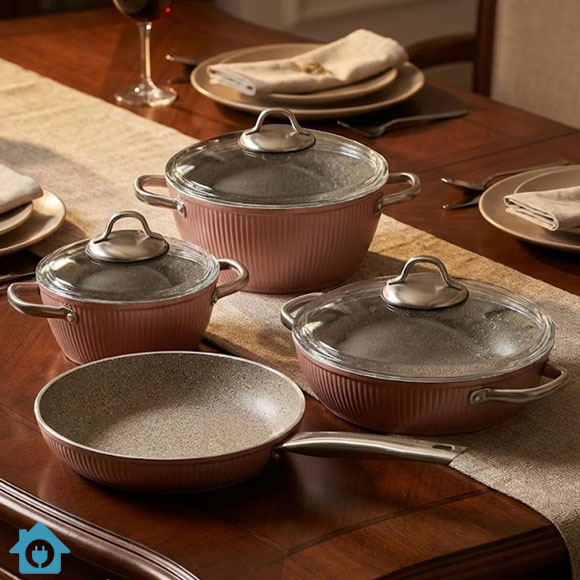 Falez Pink Ceramic Granite Non Stick Cookware Set 9 Pcs 1 Falez Pink Ceramic Granite Non Stick Cookware Set 9 Pcs