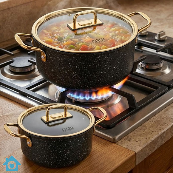 Falez Premium Granite Non Stick Cookware Set 9 Pcs – Black & Gold 3 Falez Premium Granite Non Stick Cookware Set 9 Pcs