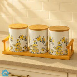 Floral Ceramic Jar Set of 3 with Bamboo Tray