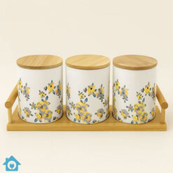 Floral Ceramic Jar Set of 3 with Bamboo Tray