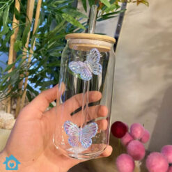 Butterfly Ice Tea Glass with Straw & Lid