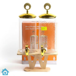 Double Glass Beverage Dispensers with Wood Stand & Golden Lid