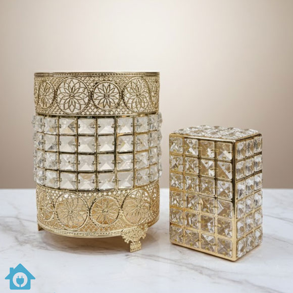 Golden Crystal Tissue & Dustbin Set – Elegant Home Accessories 1 Golden Crystal Tissue & Dustbin Set