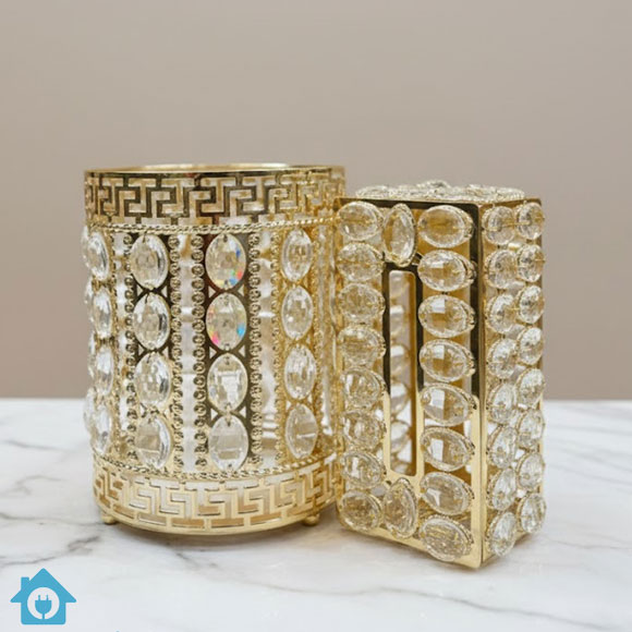 Golden Crystal Tissue & Dustbin Set – Elegant Home Accessories 3 Golden Crystal Tissue & Dustbin Set