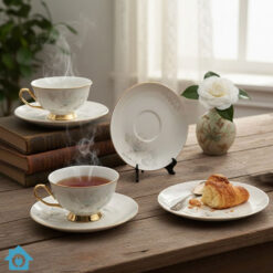 M&M Bone China Golden Floral Tea Cup Saucer Set