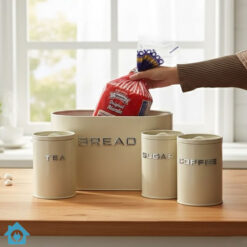 Metal Bread Box & Tea Coffee Sugar Container Set - Beige