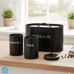 Metal Bread Box & Tea Coffee Sugar Container Set - Black 5 Metal Bread Box & Tea Coffee Sugar Container Set