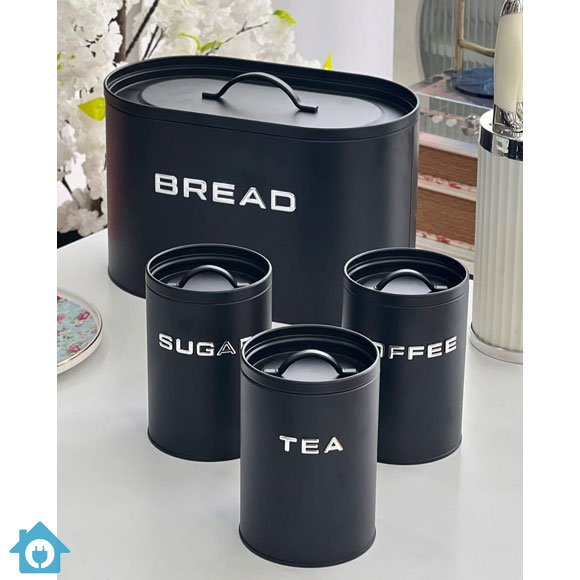 Metal Bread Box & Tea Coffee Sugar Container Set - Black 1 Metal Bread Box & Tea Coffee Sugar Container Set