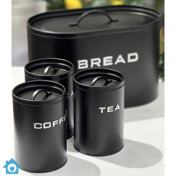 Metal Bread Box & Tea Coffee Sugar Container Set - Black 3 Metal Bread Box & Tea Coffee Sugar Container Set - Black