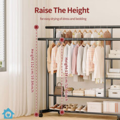Metal Double Rod Clothes Rack with Shelves & Wheels