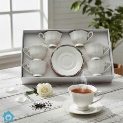 Ribbed Bone China Tea Cup Saucer Set with Gold Rim