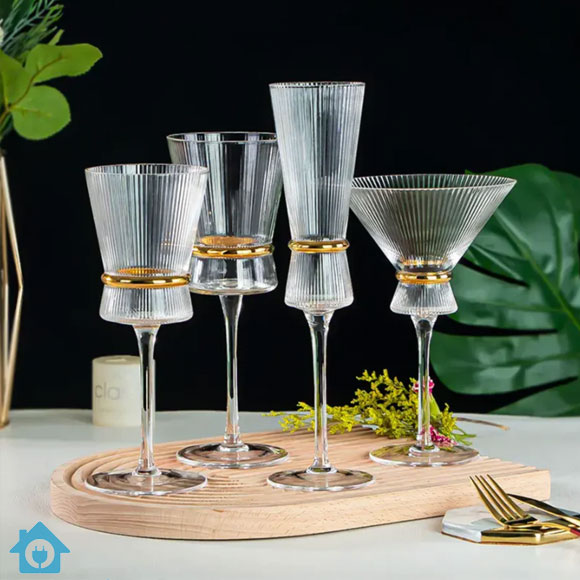 Striped Wine Glasses Set of 6 with Gold Ring | Luxury Glassware 1 Striped Wine Glasses Set of 6 with Gold Ring