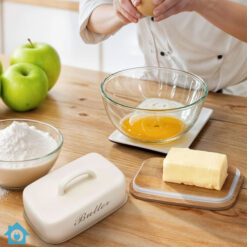 Wooden Butter Dish with Beige Metal Lid & Handle – Kitchen Butter Keeper 11 Wooden Butter Dish with Beige Metal Lid