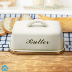 Wooden Butter Dish with Beige Metal Lid