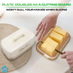 Wooden Butter Dish with Beige Metal Lid & Handle – Kitchen Butter Keeper 9 Wooden Butter Dish with Beige Metal Lid