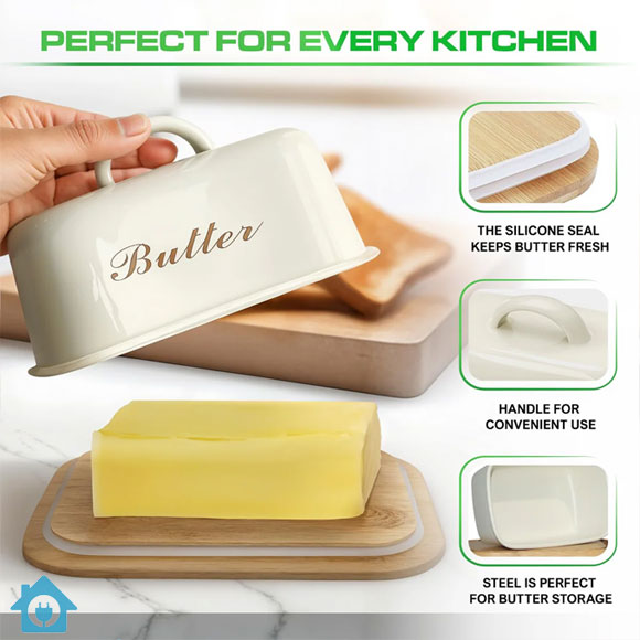 Wooden Butter Dish with Beige Metal Lid & Handle – Kitchen Butter Keeper 3 Wooden Butter Dish with Beige Metal Lid