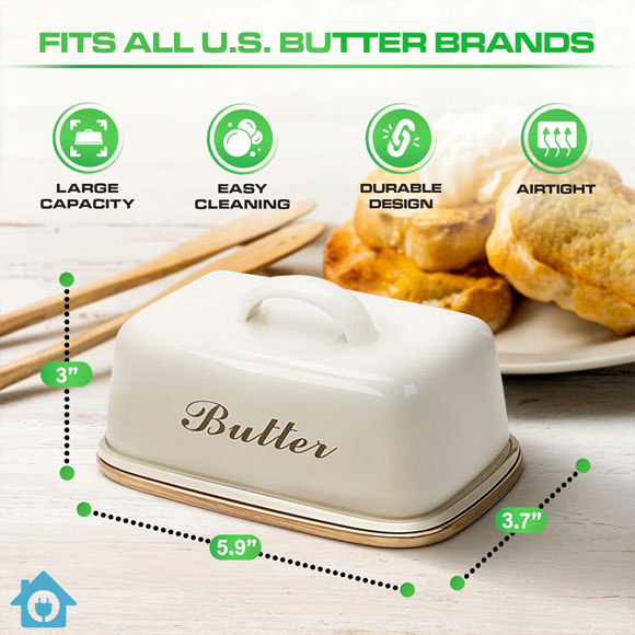 Wooden Butter Dish with Beige Metal Lid & Handle – Kitchen Butter Keeper 2 Wooden Butter Dish with Beige Metal Lid